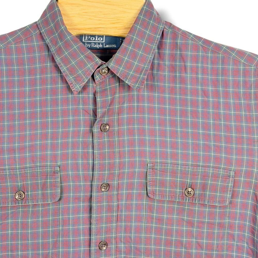 Vintage Polo Ralph Lauren Button Down Shirt Mens L Maroon Plaid Faded Pocket 90s